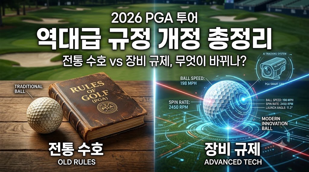 2026 PGA 규정 개정을 주제로 클래식 룰북과 디지털 그래픽 골프공을 대조하여 표현한 썸네일 이미지.