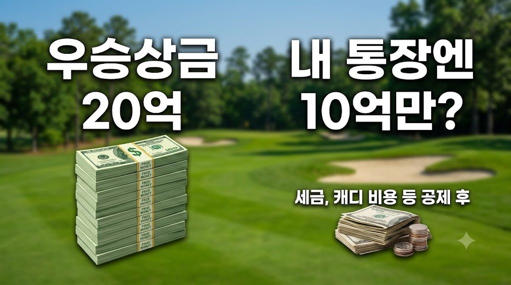 골프 코스 배경에 높은 상금 지폐 더미와 공제 후 적은 현금 더미를 비교한 이미지
