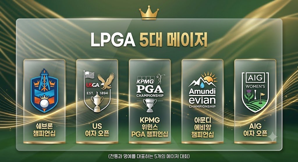 쉐브론 챔피언십, US 여자오픈, KPMG 위민스 PGA, 에비앙 챔피언십, AIG 여자오픈 등 LPGA 5대 메이저 대회를 나열한 이미지