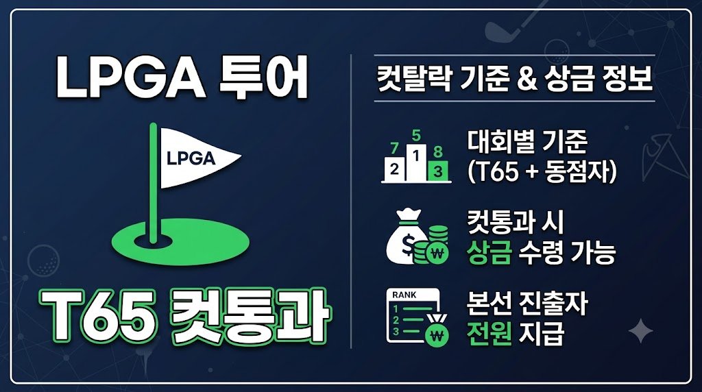 어두운 네이비 배경에 초록색 골프 깃발 아이콘과 T65 컷통과 문구가 적힌 LPGA 투어 컷탈락 기준 및 상금 관련 블로그 썸네일 이미지