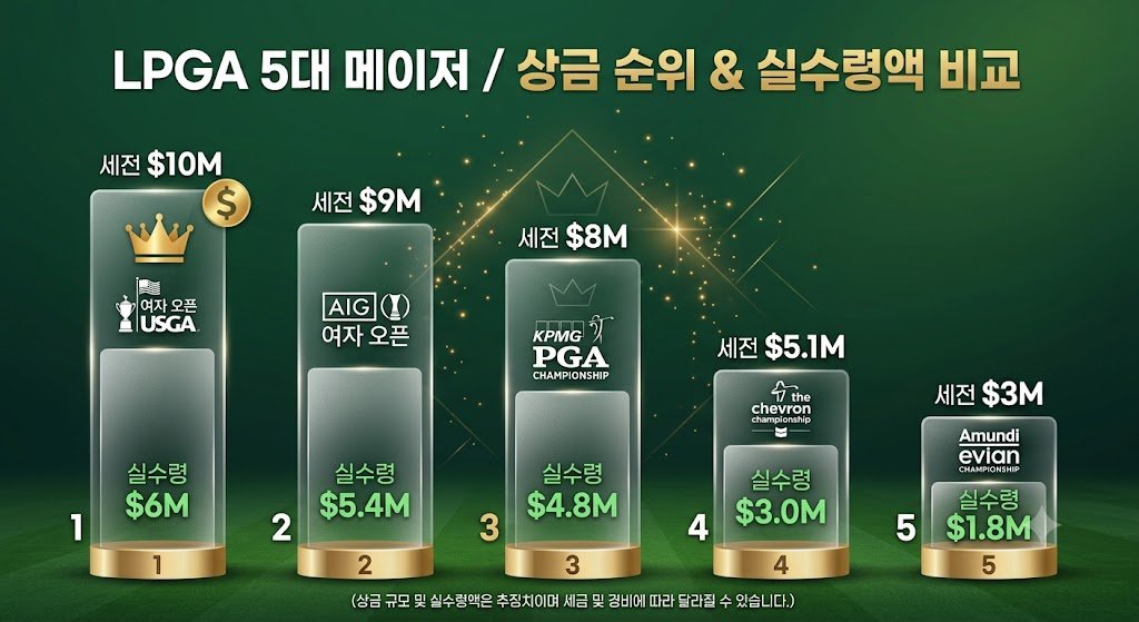 LPGA 5대 메이저 대회의 총상금과 실수령액을 막대그래프로 비교한 인포그래픽