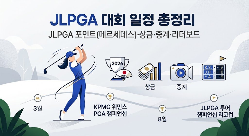LPGA 대회 일정 총정리, 우승상금, 순위별 상금, 중계, 리더보드 정보가 담긴 심플한 골프 인포그래픽 이미지
