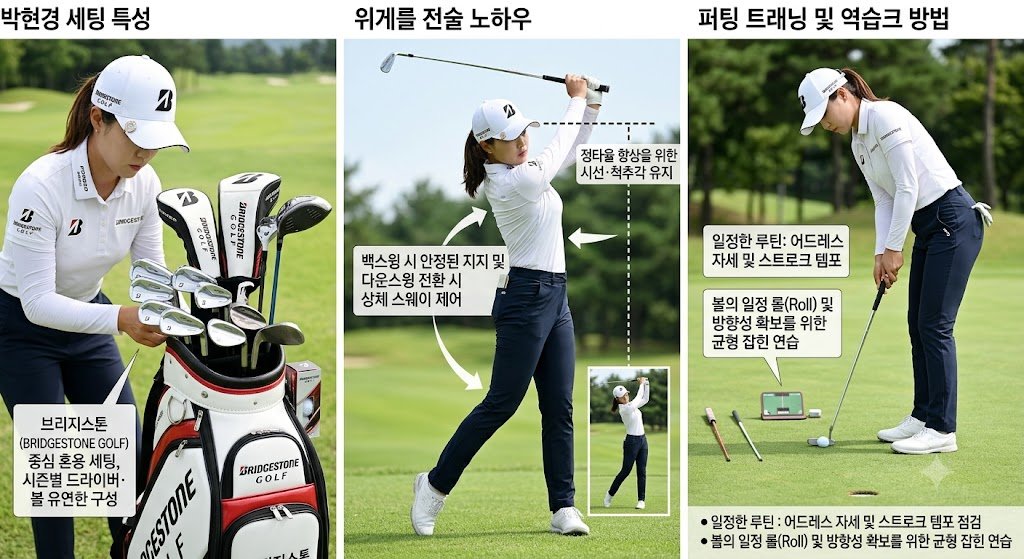 박현경 프로의 골프백 장비 세팅과 체중이동 스윙 자세, 퍼팅 연습 모습을 나타낸 인포그래픽