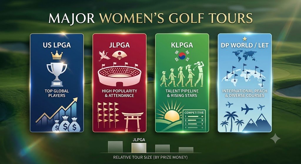 US LPGA, JLPGA, KLPGA, LET 등 주요 여자 프로 골프 투어를 비교한 인포그래픽 이미지